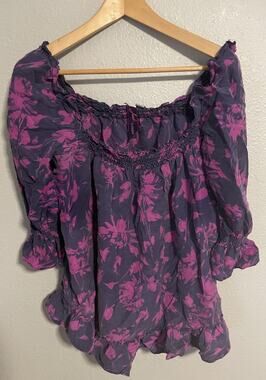 BB Dakota Womens Top Large Purple Floral Silk Ruffle Off Shoulder Whimsigoth